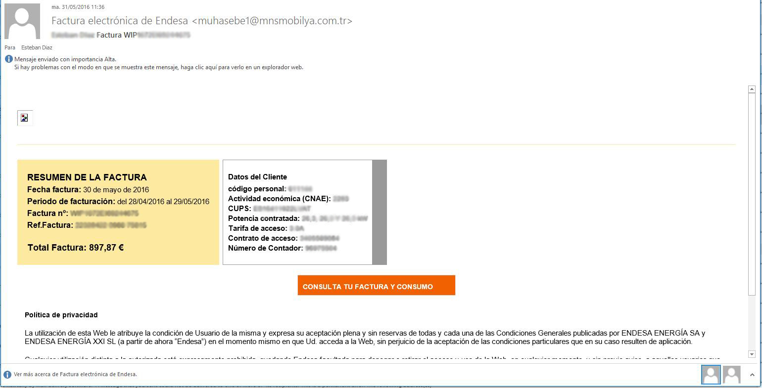 Un nou virus disfressat de factura d'Endesa